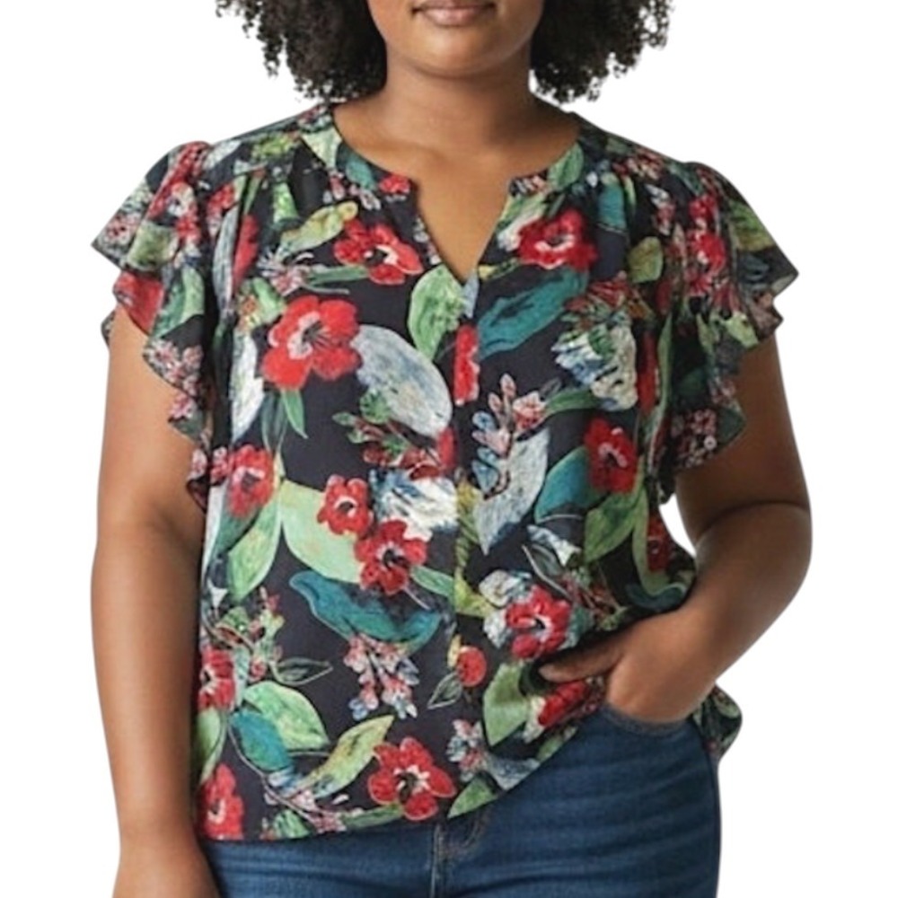 ZAC & RACHEL Navy/Multi Floral PLEATED V-NECK TOP BLOUSE Flutter Sleeve SZ 2X